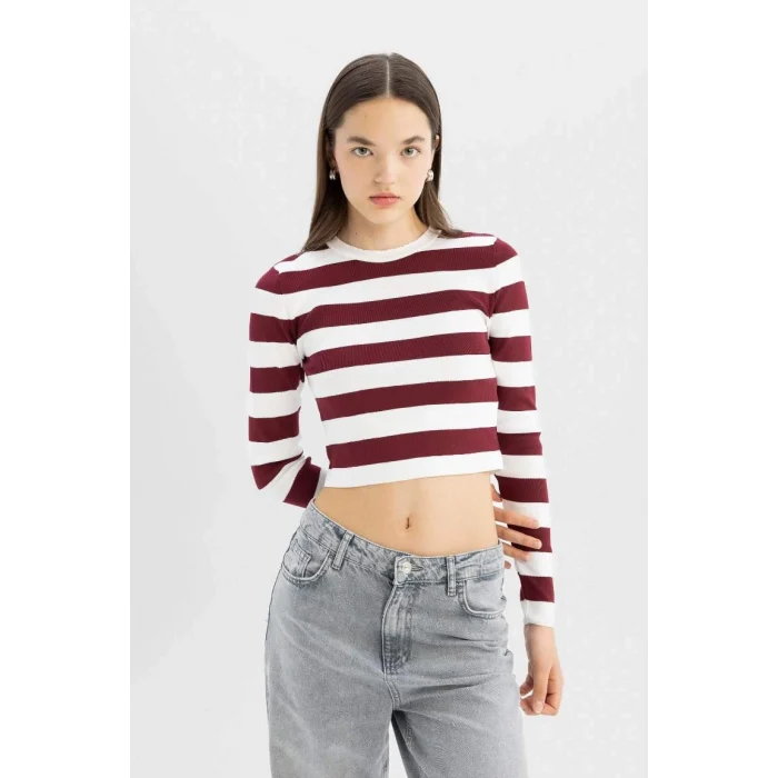 X6888 Coool Slim Fit Dar Kesim Çizgili Bisiklet Yaka Triko Kazak