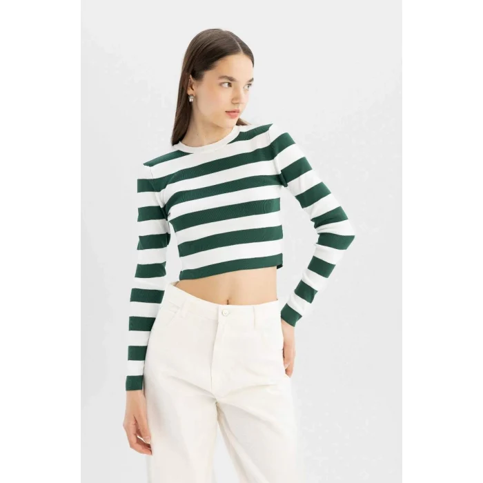 X6888 Coool Slim Fit Dar Kesim Çizgili Bisiklet Yaka Triko Kazak