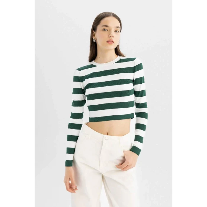 X6888 Coool Slim Fit Dar Kesim Çizgili Bisiklet Yaka Triko Kazak