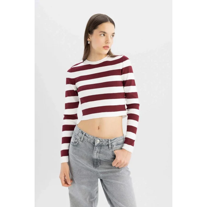 X6888 Coool Slim Fit Dar Kesim Çizgili Bisiklet Yaka Triko Kazak