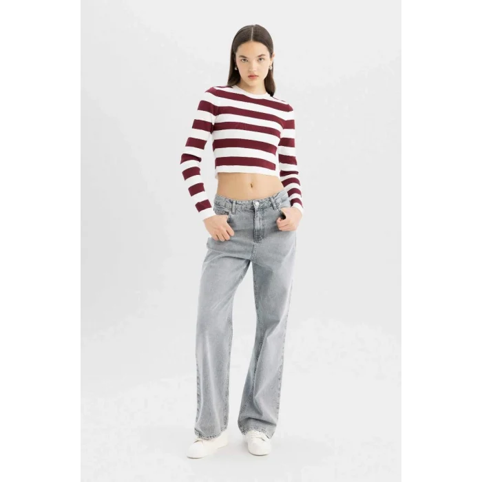 X6888 Coool Slim Fit Dar Kesim Çizgili Bisiklet Yaka Triko Kazak