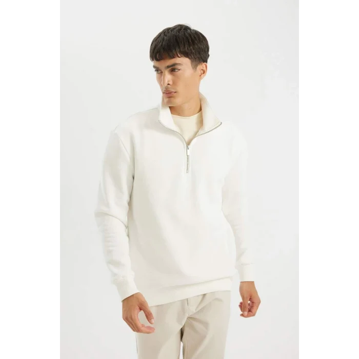 X7405 Comfort Regular Fit Rahat Kalıp Dik Yaka Fermuarlı Kalın Basic Düz Sweatshirt