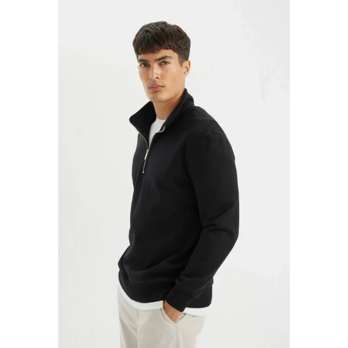 X7405 Siyah Comfort Regular Fit Rahat Kalıp Dik Yaka Fermuarlı Kalın Basic Düz Sweatshirt