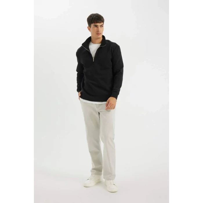 X7405 Siyah Comfort Regular Fit Rahat Kalıp Dik Yaka Fermuarlı Kalın Basic Düz Sweatshirt