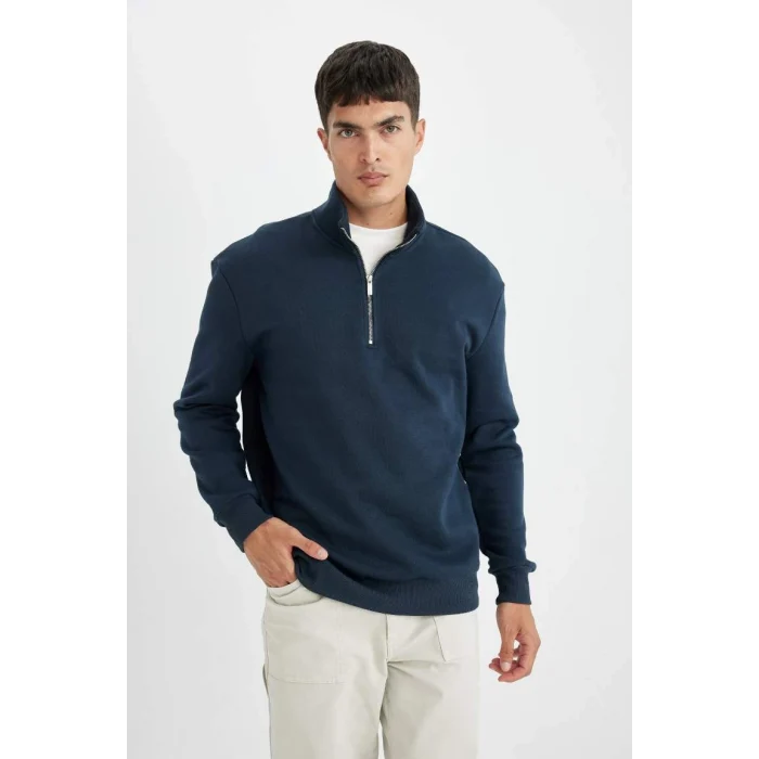 X7405 Comfort Regular Fit Rahat Kalıp Dik Yaka Fermuarlı Kalın Basic Düz Sweatshirt