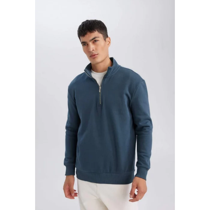 X7405 Comfort Regular Fit Rahat Kalıp Dik Yaka Fermuarlı Kalın Basic Düz Sweatshirt