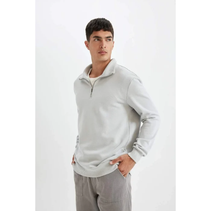 X7405 Comfort Regular Fit Rahat Kalıp Dik Yaka Fermuarlı Kalın Basic Düz Sweatshirt