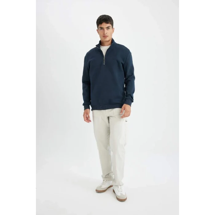 X7405 Comfort Regular Fit Rahat Kalıp Dik Yaka Fermuarlı Kalın Basic Düz Sweatshirt