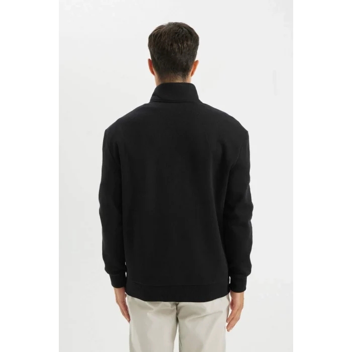 X7405 Siyah Comfort Regular Fit Rahat Kalıp Dik Yaka Fermuarlı Kalın Basic Düz Sweatshirt