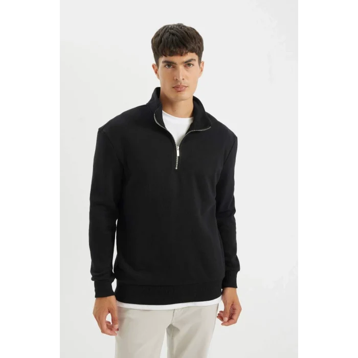 X7405 Siyah Comfort Regular Fit Rahat Kalıp Dik Yaka Fermuarlı Kalın Basic Düz Sweatshirt