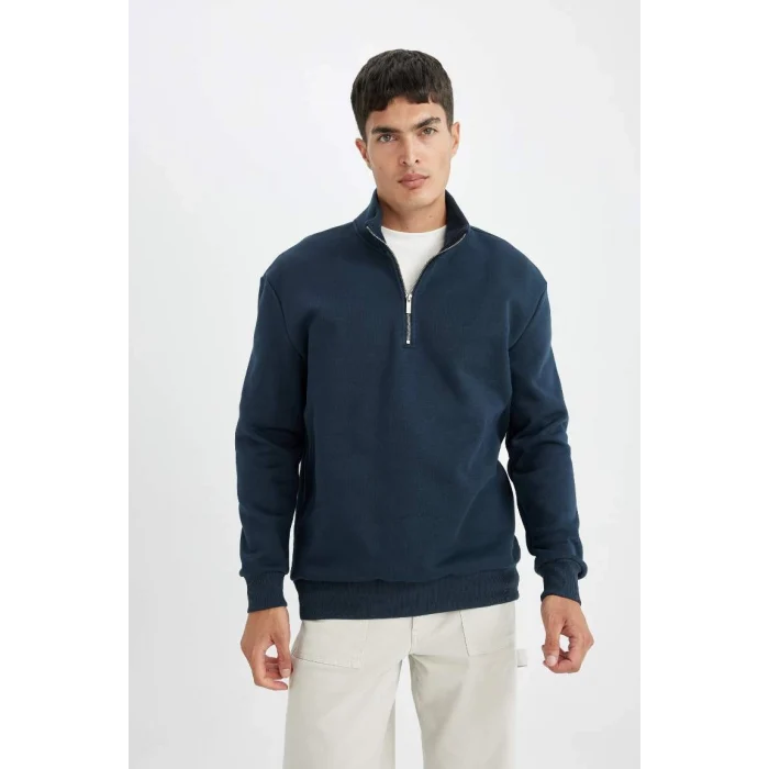 X7405 Comfort Regular Fit Rahat Kalıp Dik Yaka Fermuarlı Kalın Basic Düz Sweatshirt