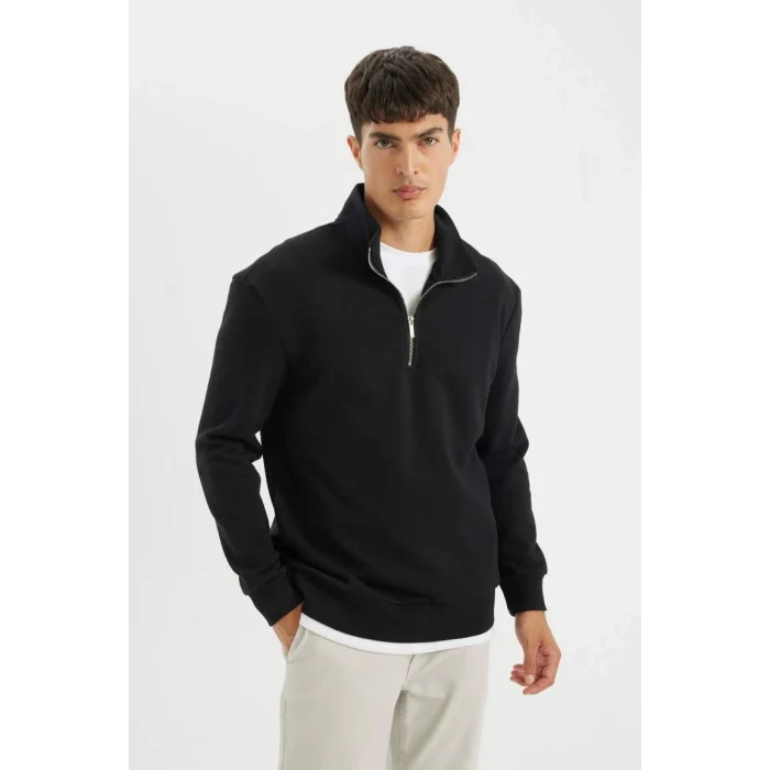 X7405 Siyah Comfort Regular Fit Rahat Kalıp Dik Yaka Fermuarlı Kalın Basic Düz Sweatshirt