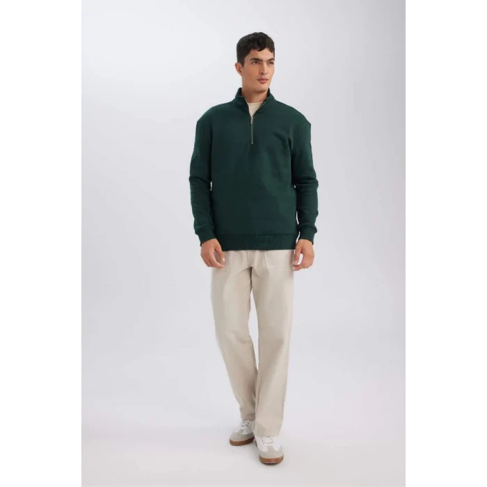 X7405 Comfort Regular Fit Rahat Kalıp Dik Yaka Fermuarlı Kalın Basic Düz Sweatshirt