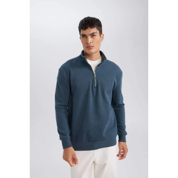 X7405 Comfort Regular Fit Rahat Kalıp Dik Yaka Fermuarlı Kalın Basic Düz Sweatshirt