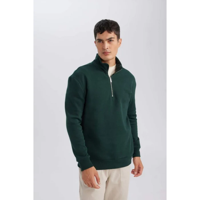 X7405 Comfort Regular Fit Rahat Kalıp Dik Yaka Fermuarlı Kalın Basic Düz Sweatshirt