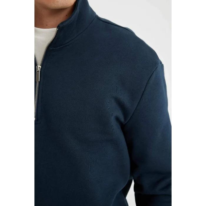 X7405 Comfort Regular Fit Rahat Kalıp Dik Yaka Fermuarlı Kalın Basic Düz Sweatshirt