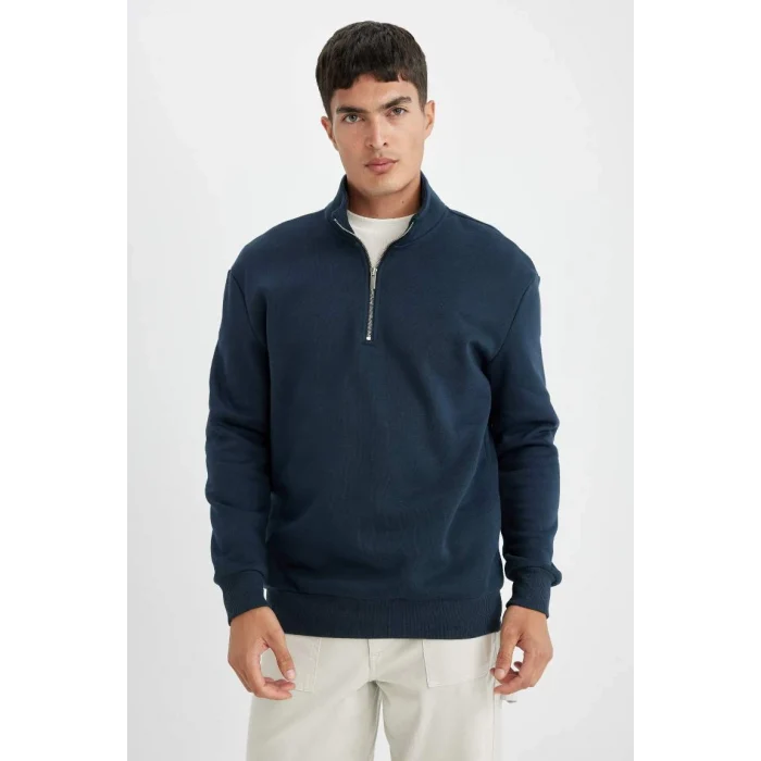 X7405 Comfort Regular Fit Rahat Kalıp Dik Yaka Fermuarlı Kalın Basic Düz Sweatshirt