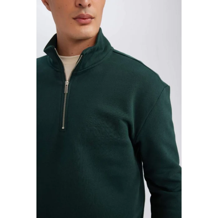 X7405 Comfort Regular Fit Rahat Kalıp Dik Yaka Fermuarlı Kalın Basic Düz Sweatshirt
