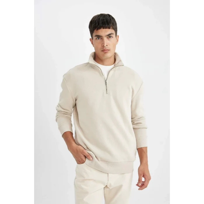 X7405 Comfort Regular Fit Rahat Kalıp Fermuarlı Dik Yaka Basic Sweatshirt