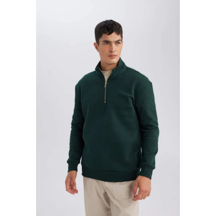 X7405 Comfort Regular Fit Rahat Kalıp Dik Yaka Fermuarlı Kalın Basic Düz Sweatshirt