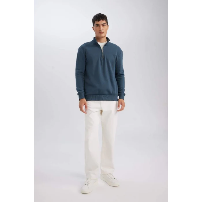 X7405 Comfort Regular Fit Rahat Kalıp Dik Yaka Fermuarlı Kalın Basic Düz Sweatshirt