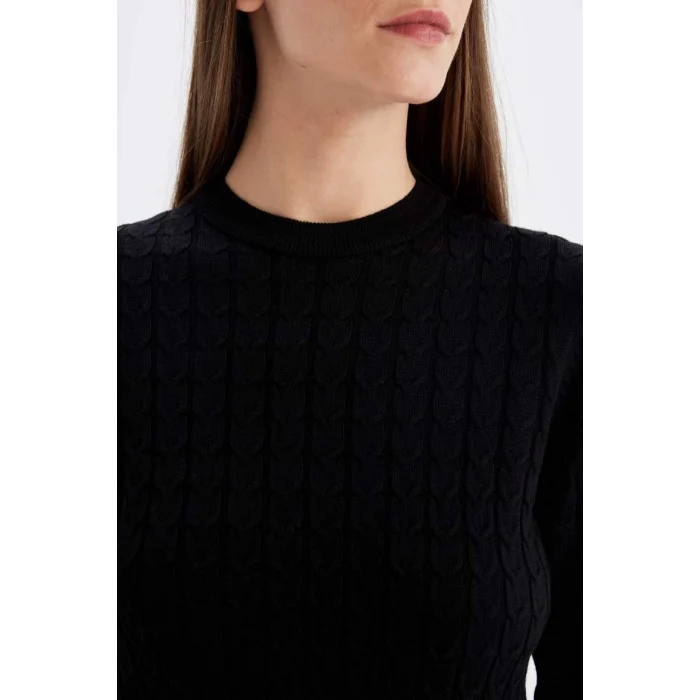 X7713 Regular Fit Bisiklet Yaka Saç Örgülü Düğmeli Siyah Triko Kazak