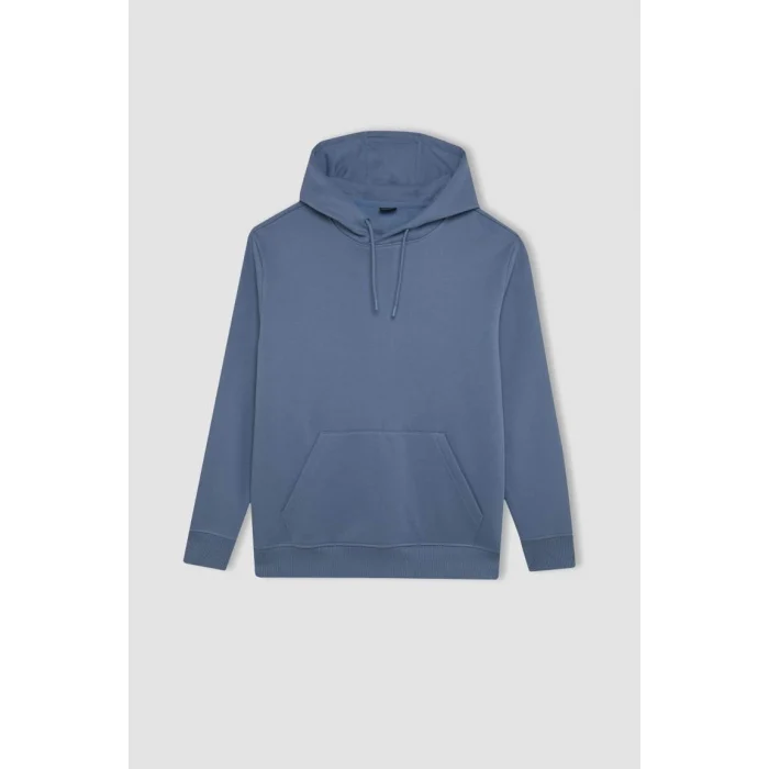 X8283 Mavi Cepli Regular Fit Kapüşonlu İçi Yumuşak Tüylü Basic Düz Sweatshirt