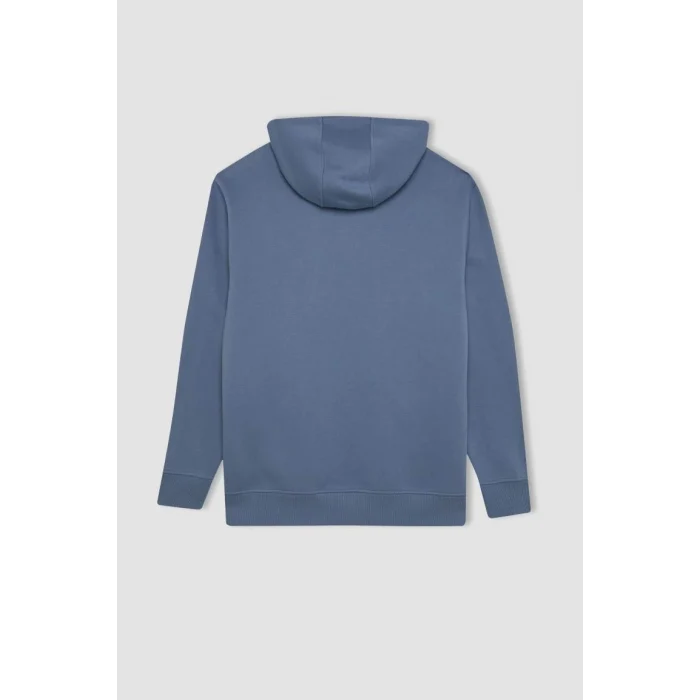X8283 Mavi Cepli Regular Fit Kapüşonlu İçi Yumuşak Tüylü Basic Düz Sweatshirt