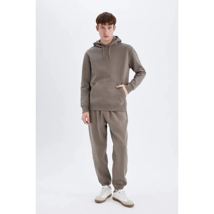 X8283 Kahverengi Cepli Regular Fit Kapüşonlu İçi Yumuşak Tüylü Basic Düz Sweatshirt