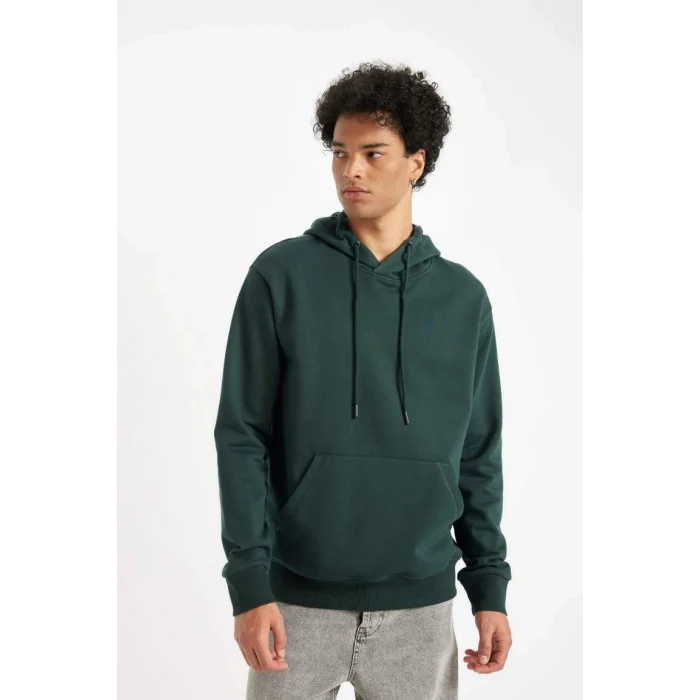 X8283 Yeşil Cepli Regular Fit Kapüşonlu İçi Yumuşak Tüylü Basic Düz Sweatshirt