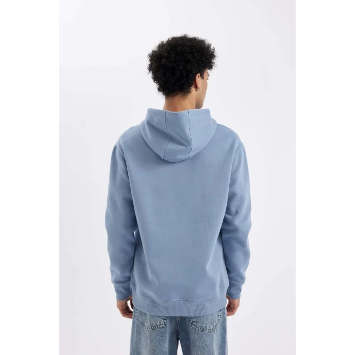 X8283 Mavi Cepli Regular Fit Kapüşonlu İçi Yumuşak Tüylü Basic Düz Sweatshirt