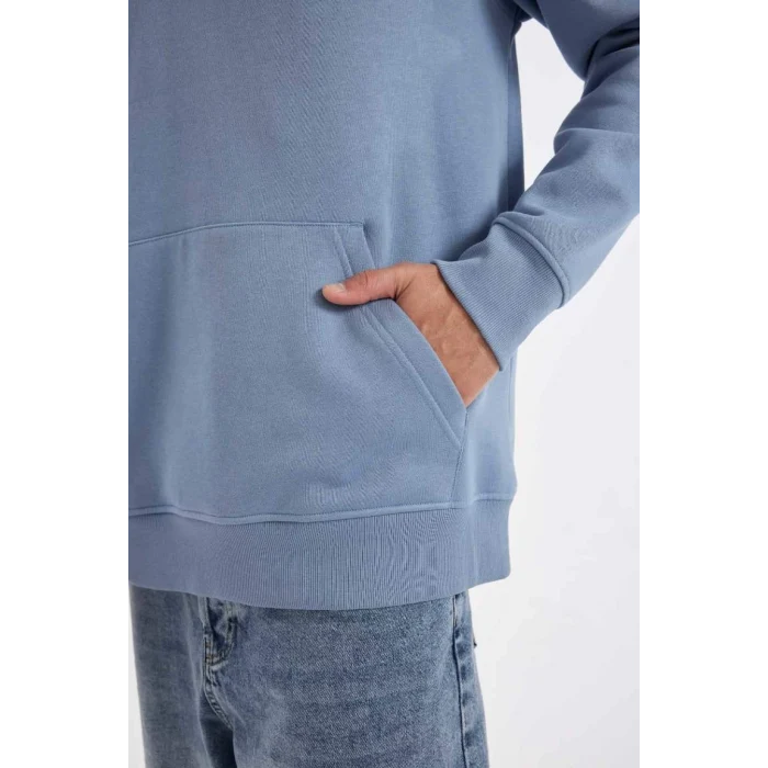 X8283 Mavi Cepli Regular Fit Kapüşonlu İçi Yumuşak Tüylü Basic Düz Sweatshirt