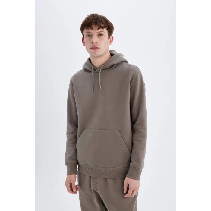 X8283 Kahverengi Cepli Regular Fit Kapüşonlu İçi Yumuşak Tüylü Basic Düz Sweatshirt