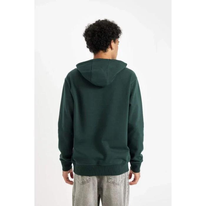 X8283 Yeşil Cepli Regular Fit Kapüşonlu İçi Yumuşak Tüylü Basic Düz Sweatshirt
