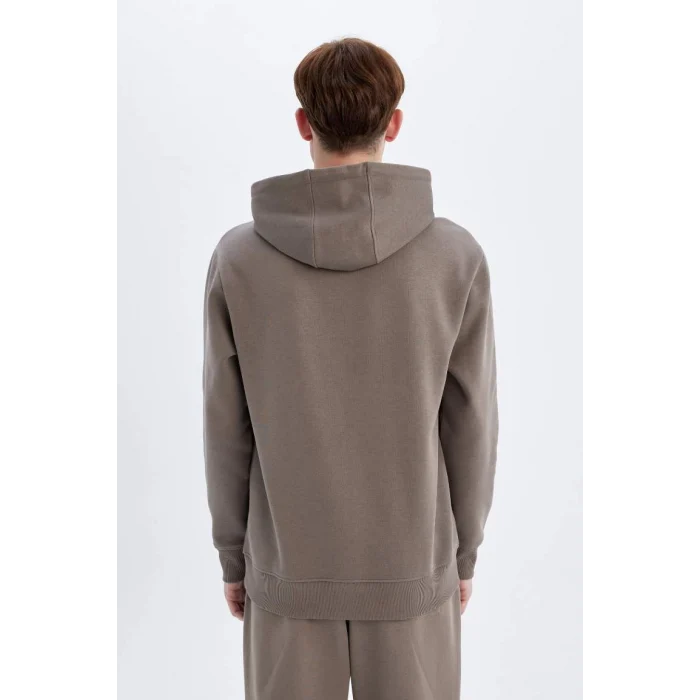X8283 Kahverengi Cepli Regular Fit Kapüşonlu İçi Yumuşak Tüylü Basic Düz Sweatshirt