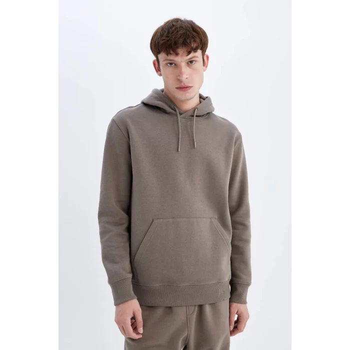 X8283 Kahverengi Cepli Regular Fit Kapüşonlu İçi Yumuşak Tüylü Basic Düz Sweatshirt