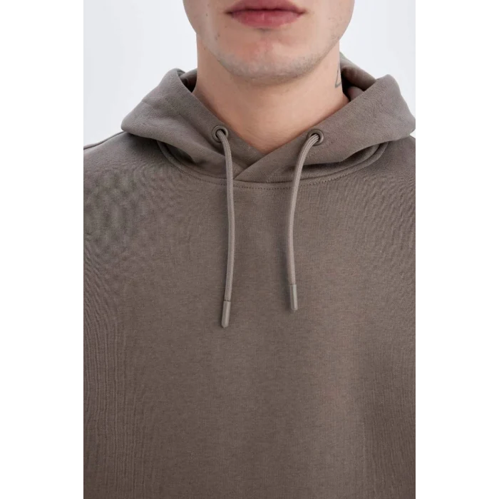 X8283 Kahverengi Cepli Regular Fit Kapüşonlu İçi Yumuşak Tüylü Basic Düz Sweatshirt