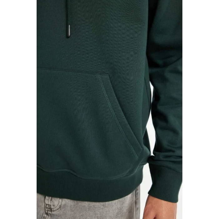 X8283 Yeşil Cepli Regular Fit Kapüşonlu İçi Yumuşak Tüylü Basic Düz Sweatshirt