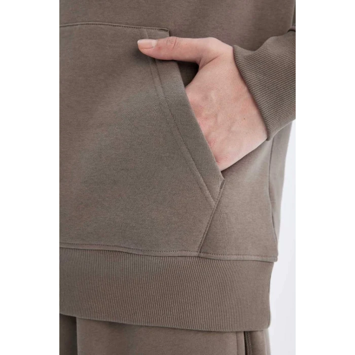 X8283 Kahverengi Cepli Regular Fit Kapüşonlu İçi Yumuşak Tüylü Basic Düz Sweatshirt