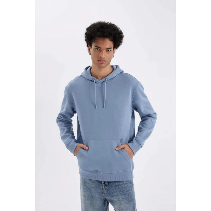 X8283 Mavi Cepli Regular Fit Kapüşonlu İçi Yumuşak Tüylü Basic Düz Sweatshirt