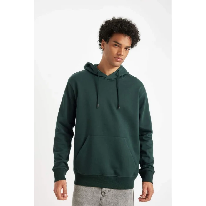 X8283 Yeşil Cepli Regular Fit Kapüşonlu İçi Yumuşak Tüylü Basic Düz Sweatshirt