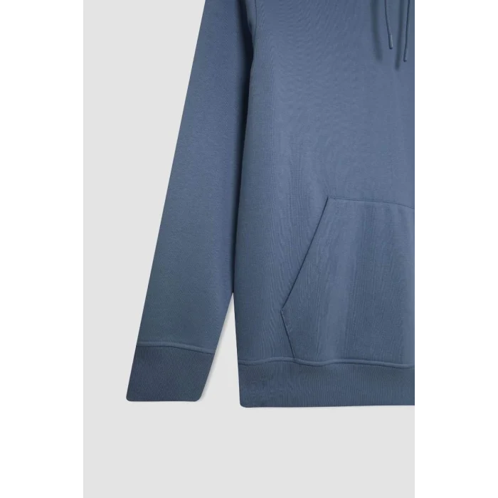 X8283 Mavi Cepli Regular Fit Kapüşonlu İçi Yumuşak Tüylü Basic Düz Sweatshirt