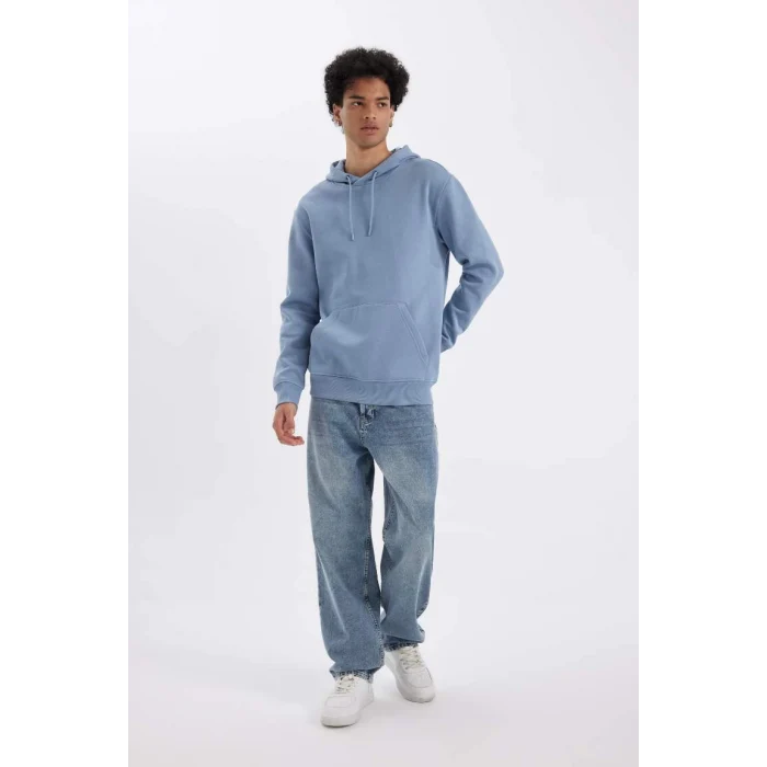 X8283 Mavi Cepli Regular Fit Kapüşonlu İçi Yumuşak Tüylü Basic Düz Sweatshirt