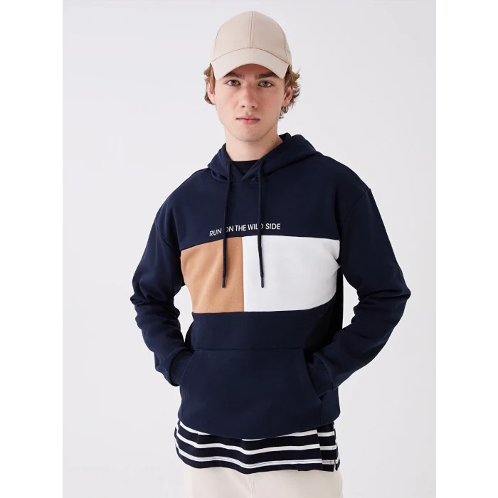 XSIDE Lacivert Uzun Kollu Baskılı Erkek Kalın Hoodie