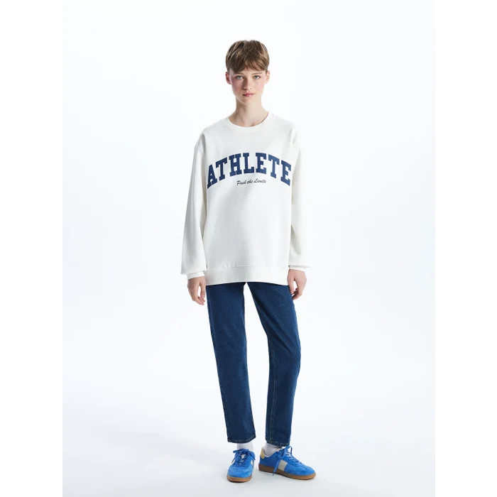 XSIDE ACTIVE Beyaz Bisiklet Yaka Baskılı Kadın Sweatshirt