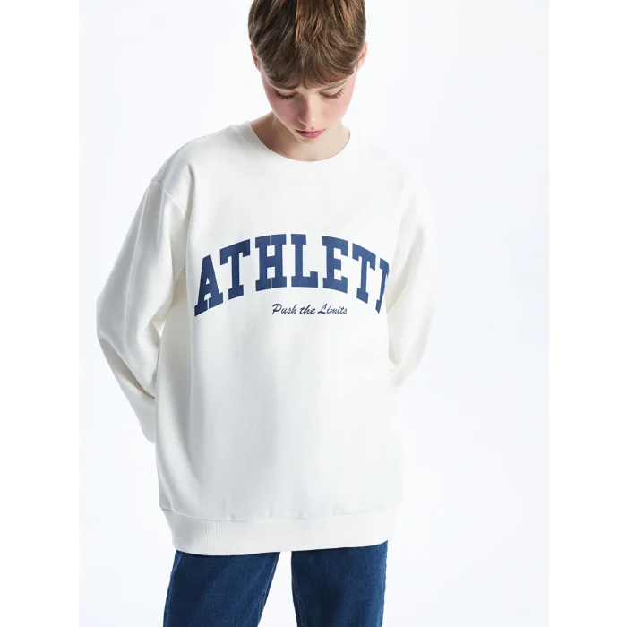 XSIDE ACTIVE Beyaz Bisiklet Yaka Baskılı Kadın Sweatshirt