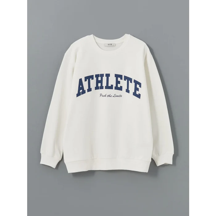 XSIDE ACTIVE Beyaz Bisiklet Yaka Baskılı Kadın Sweatshirt