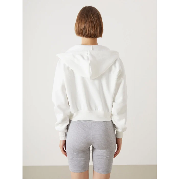 XSIDE ACTIVE Beyaz Kapüşonlu Oversize Crop Kadın Kalın Fermuarlı Sweatshirt