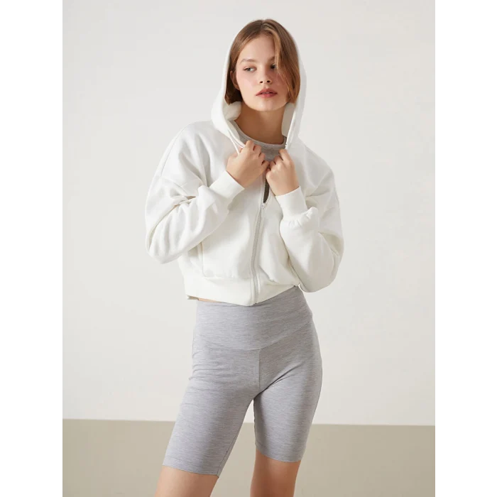 XSIDE ACTIVE Beyaz Kapüşonlu Oversize Crop Kadın Kalın Fermuarlı Sweatshirt