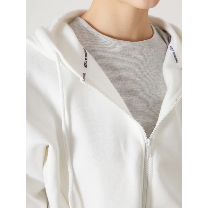 XSIDE ACTIVE Beyaz Kapüşonlu Oversize Crop Kadın Kalın Fermuarlı Sweatshirt
